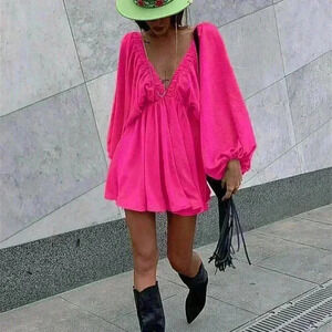 Rose Red Sexy Women's Solid Colored Deep V-Neck Lantern Sleeve Backless Dress